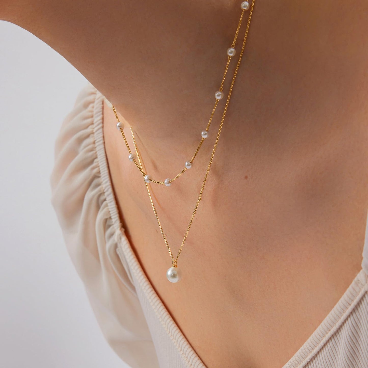 Pearl Necklace for Women Layered Trendy 14K Gold Plated Dainty Pearl Pendant Choker Set Handmade Pearl Gold Necklace Stack Simple Cute Jewelry Gifts for Women