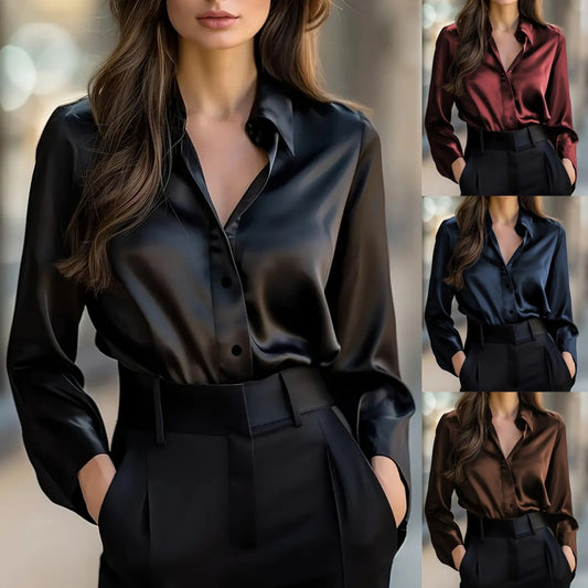 Satin Long Sleeve Blouse For Women Button-Up Collar Shirt Perfect For Casual Professional Business Work Wear Women's Clothing