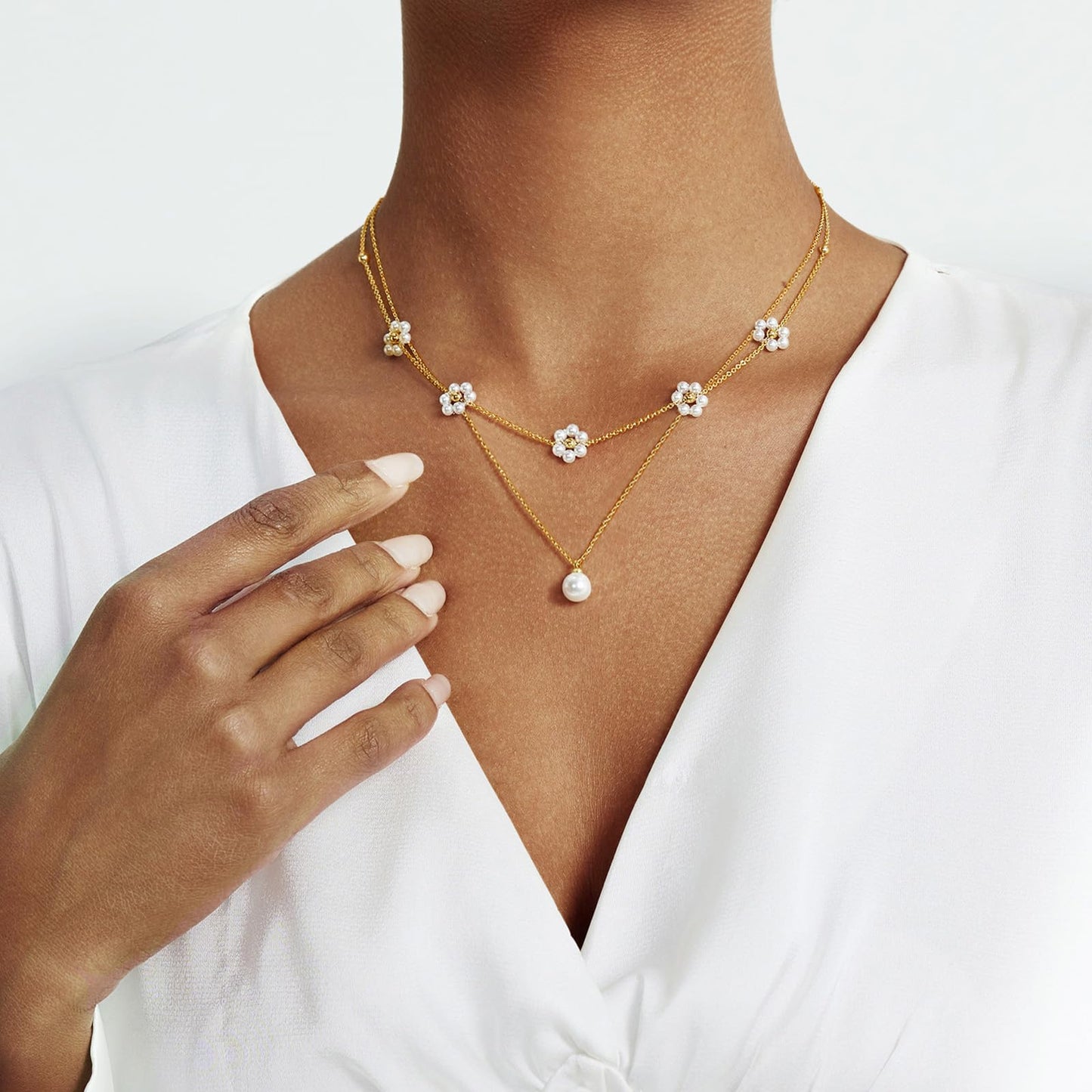 Pearl Necklace for Women Layered Trendy 14K Gold Plated Dainty Pearl Pendant Choker Set Handmade Pearl Gold Necklace Stack Simple Cute Jewelry Gifts for Women