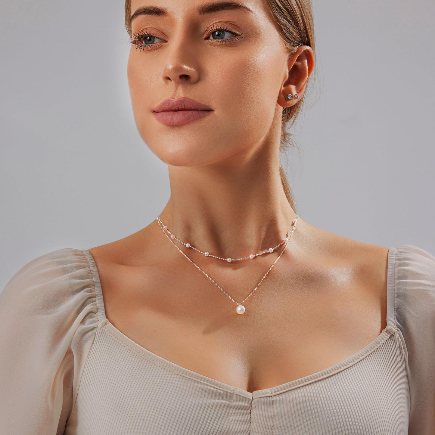 Pearl Necklace for Women Layered Trendy 14K Gold Plated Dainty Pearl Pendant Choker Set Handmade Pearl Gold Necklace Stack Simple Cute Jewelry Gifts for Women
