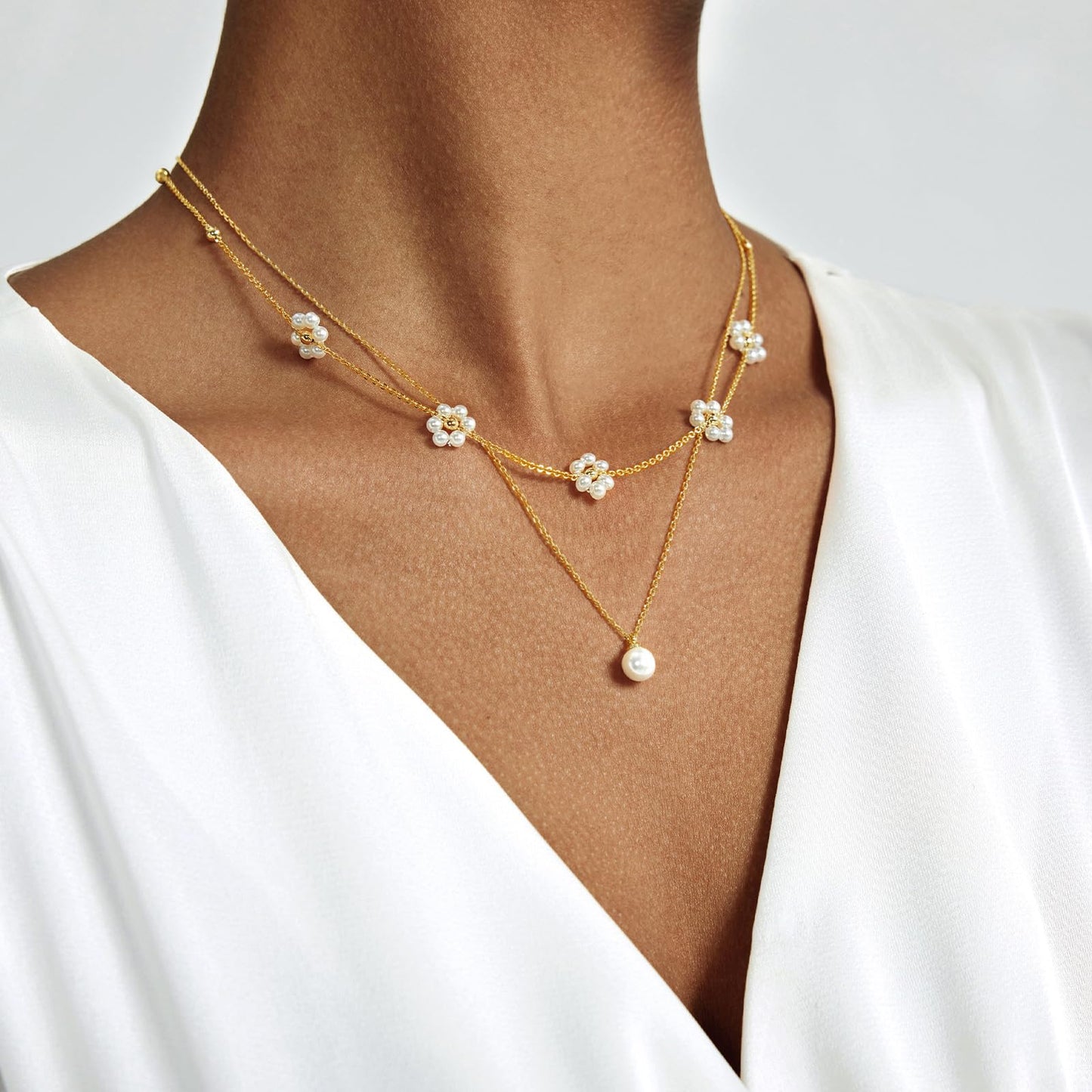 Pearl Necklace for Women Layered Trendy 14K Gold Plated Dainty Pearl Pendant Choker Set Handmade Pearl Gold Necklace Stack Simple Cute Jewelry Gifts for Women
