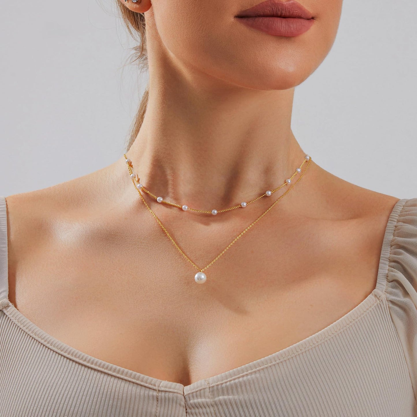 Pearl Necklace for Women Layered Trendy 14K Gold Plated Dainty Pearl Pendant Choker Set Handmade Pearl Gold Necklace Stack Simple Cute Jewelry Gifts for Women