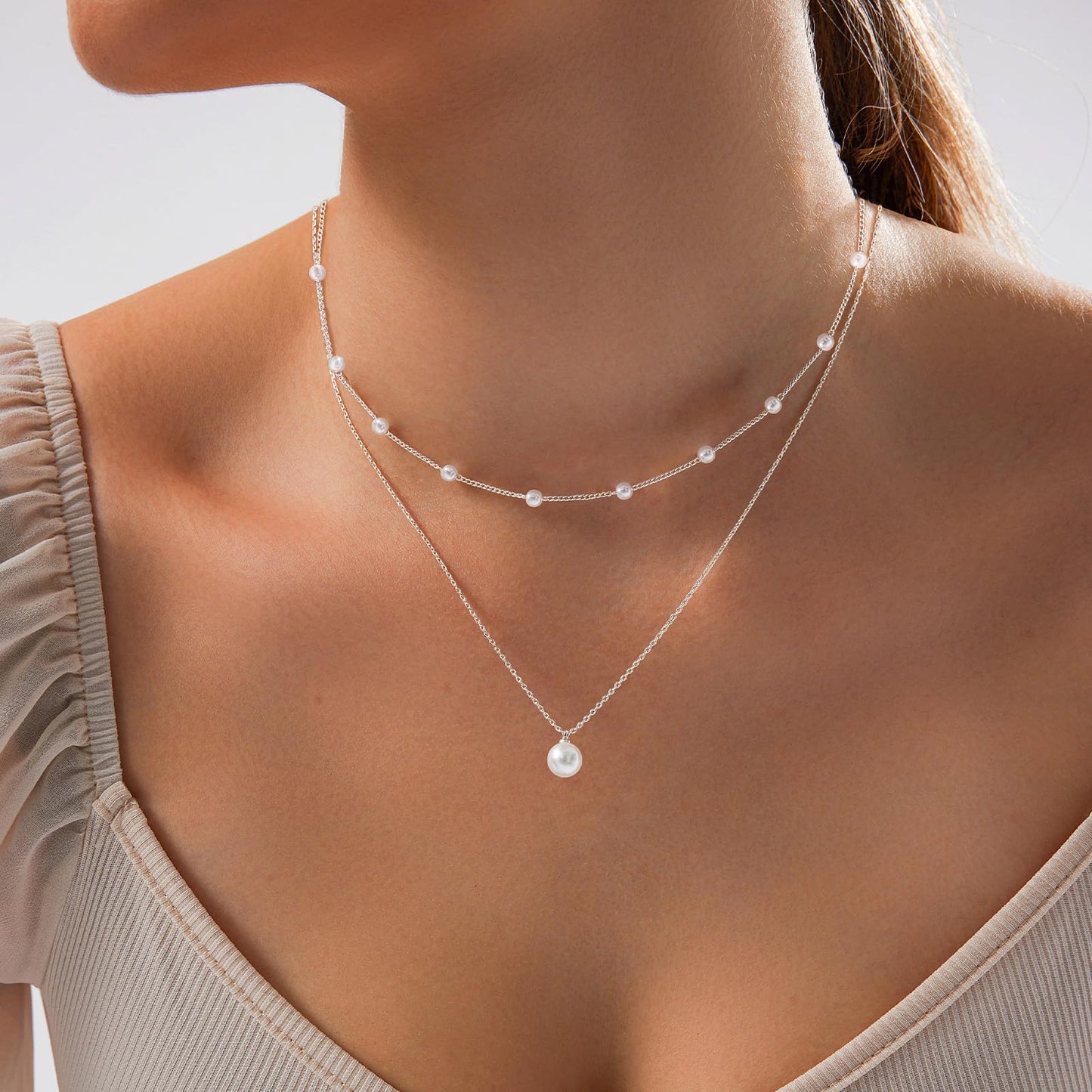 Pearl Necklace for Women Layered Trendy 14K Gold Plated Dainty Pearl Pendant Choker Set Handmade Pearl Gold Necklace Stack Simple Cute Jewelry Gifts for Women
