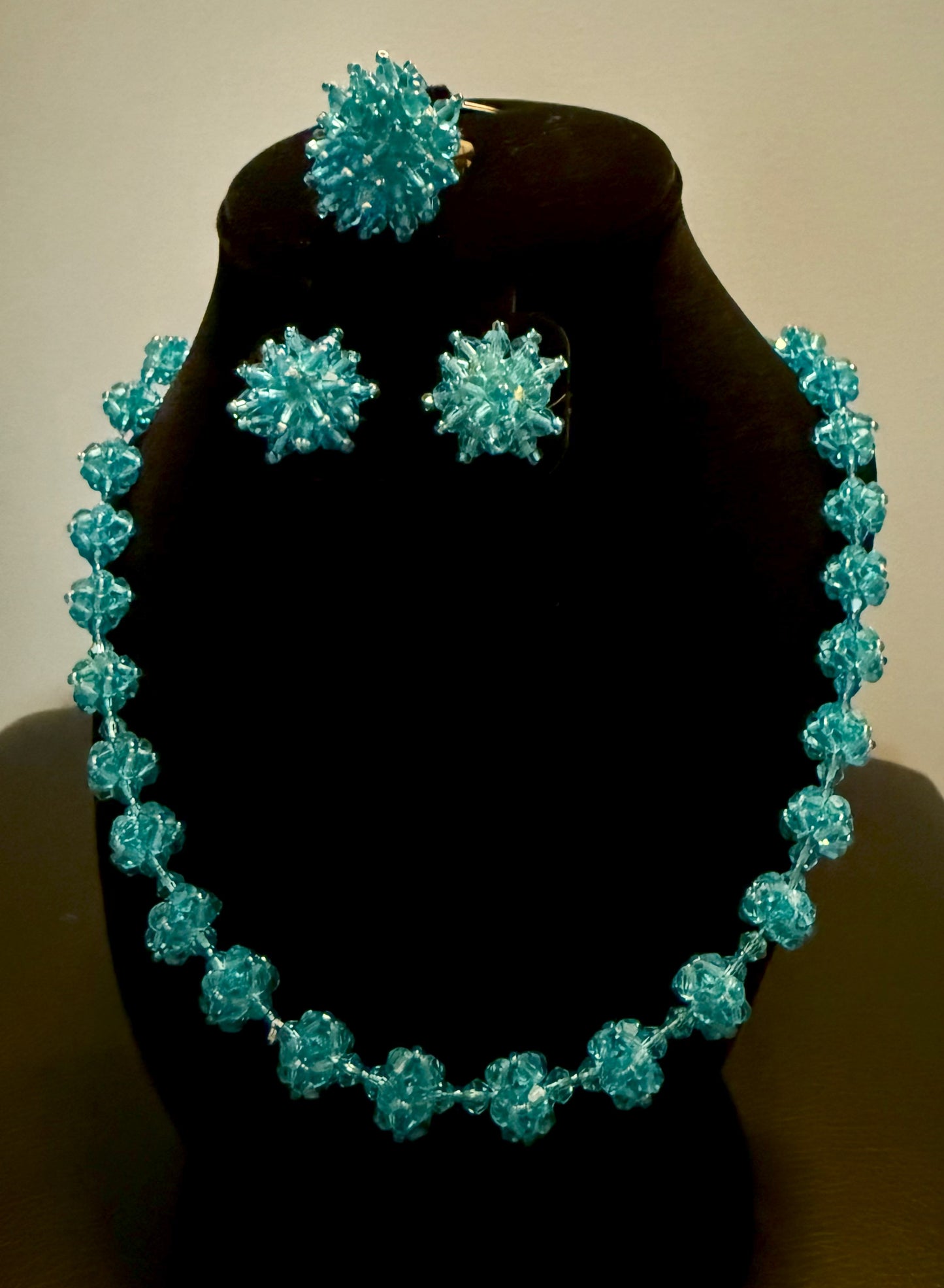 Handmade Beaded Jewelry Set – Sky Blue Necklace, Earrings & Ring (Nepal)