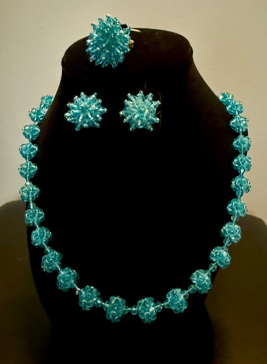 Handmade Beaded Jewelry Set – Sky Blue Necklace, Earrings & Ring (Nepal)