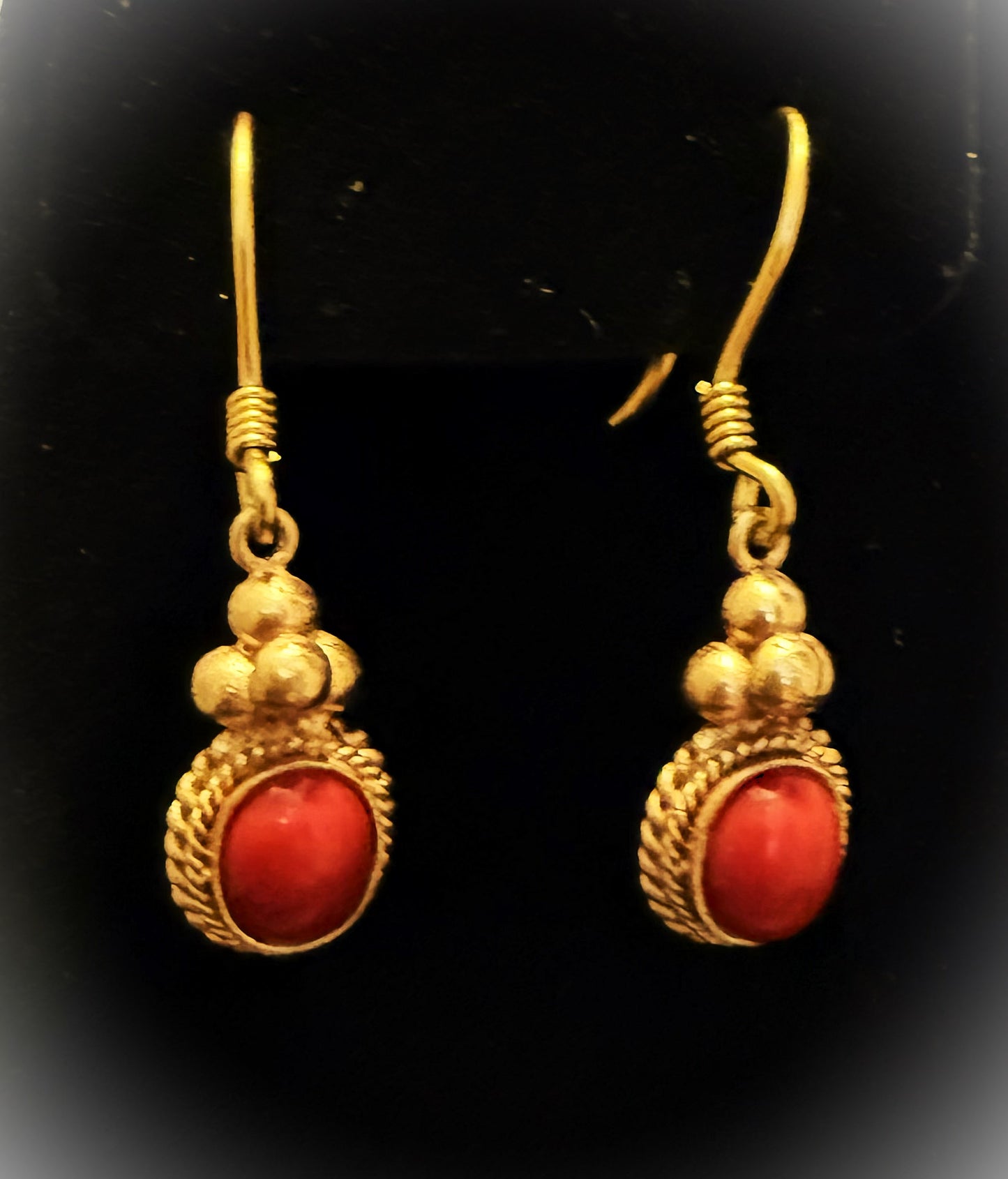 Nepali Gold-Tone Earrings with Red Stone | Handmade Ethnic Jewelry