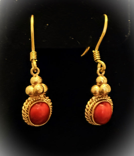 Nepali Gold-Tone Earrings with Red Stone | Handmade Ethnic Jewelry