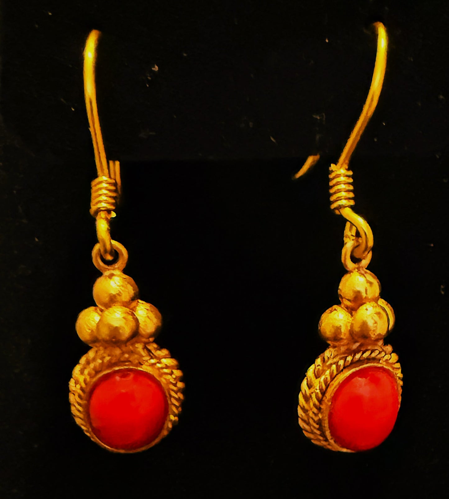 Nepali Gold-Tone Earrings with Red Stone | Handmade Ethnic Jewelry