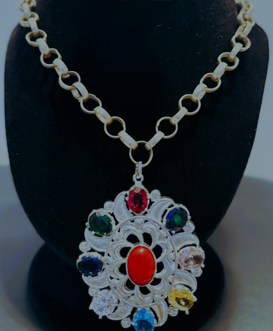 Handmade Navaratna Pendant Necklace – Silver-Plated Chain from Nepal