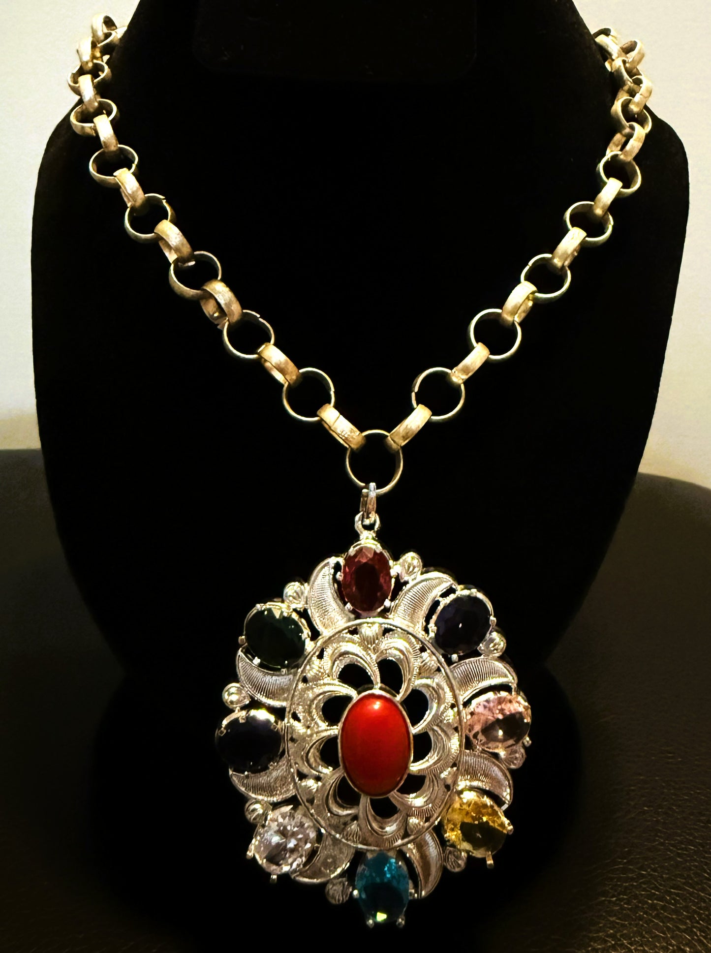 Handmade Navaratna Pendant Necklace – Silver-Plated Chain from Nepal