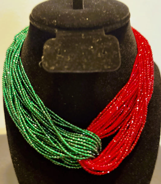 Handmade Nepali Beaded Necklace – Red & Green Multistrand Jewelry