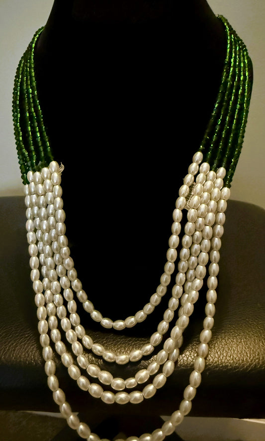 Handmade Green & White Beaded Necklace – Multi-Layer Jewelry from Nepal