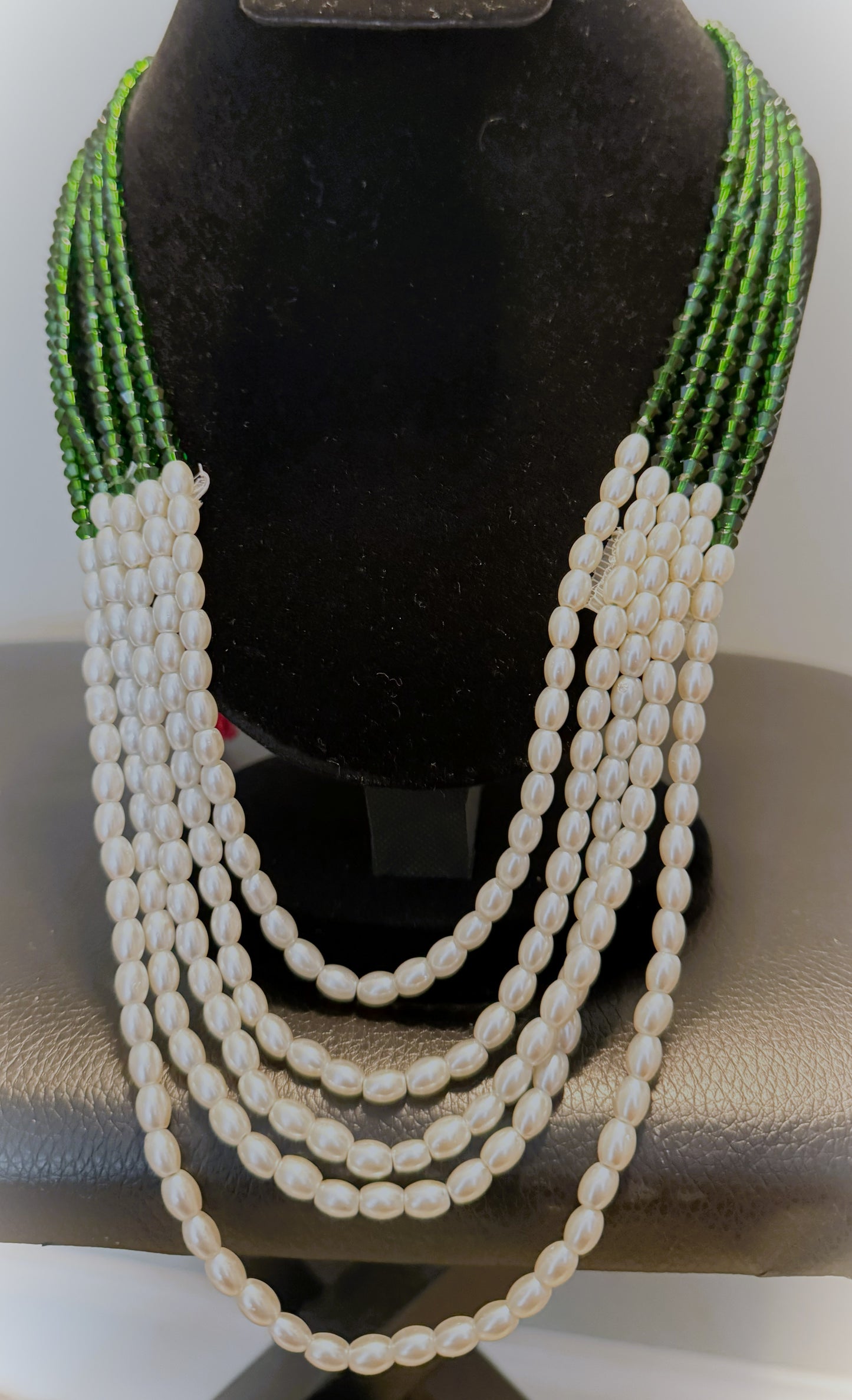 Handmade Green & White Beaded Necklace – Multi-Layer Jewelry from Nepal