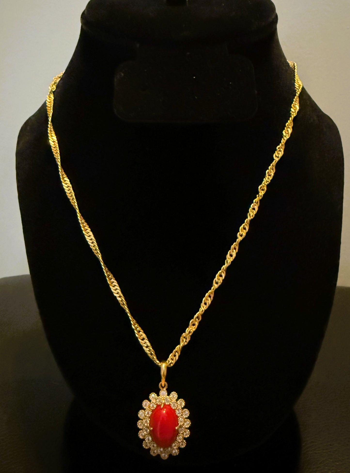 Gold-Plated Pendant Necklace with Faux Red Stone – Handmade in Nepal